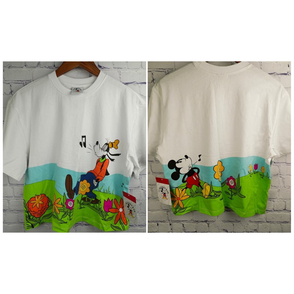 NWT Disney Mickey and Co. Spring Mickey Goofy Whistle Shirt Cropped style Med